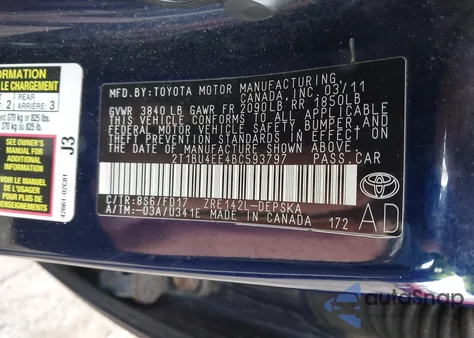 2011 Toyota Corolla S from USA, damaged, VIN 2T1BU4EE4BC593797